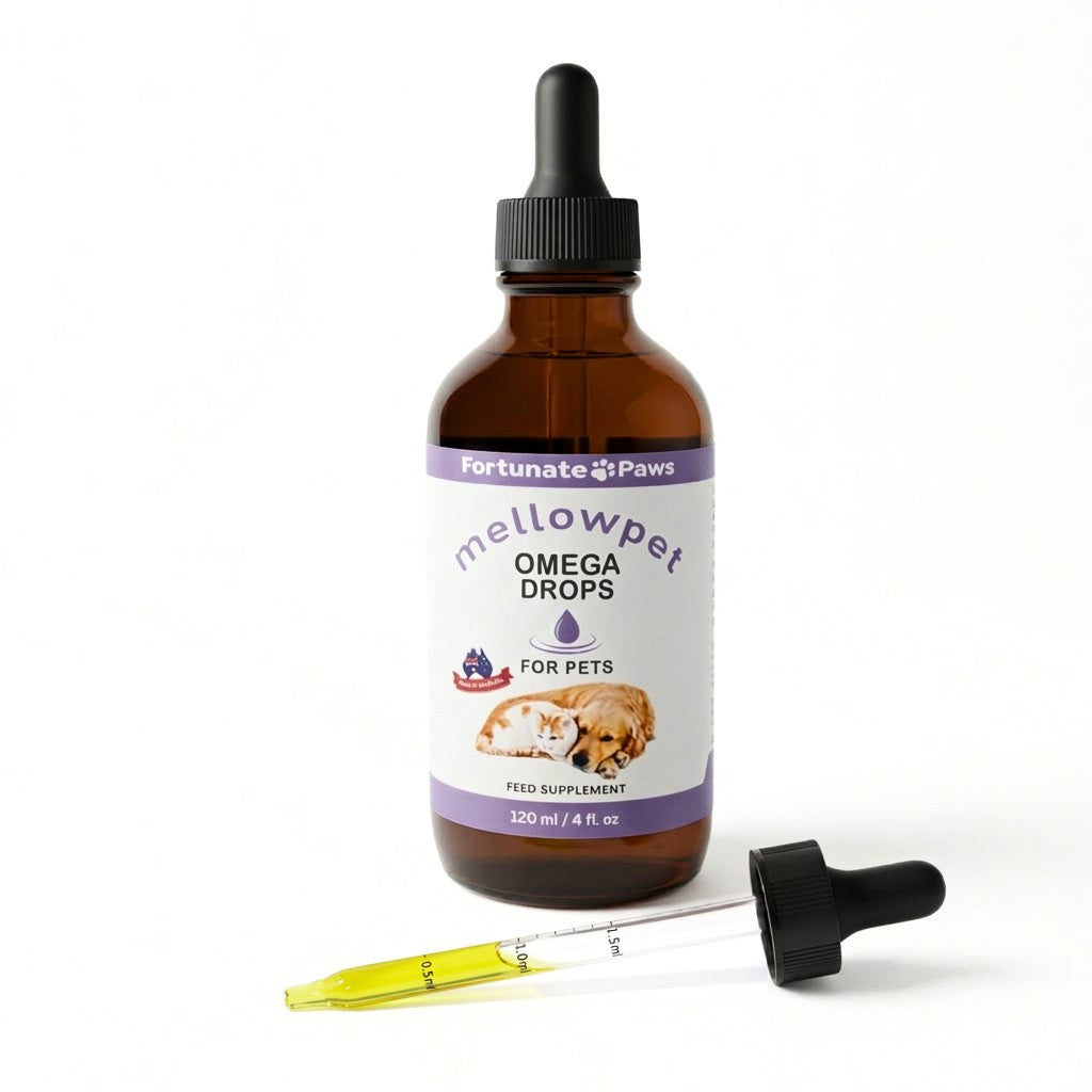Bottle of Mellowpet Omega Drops for pets with a dropper on a white background
