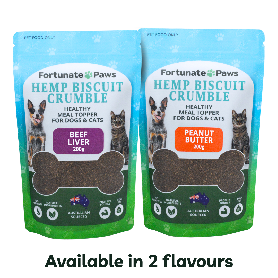 Two packages of Fortunate Paws Hemp Biscuit Crumble for dogs and cats on a white background.