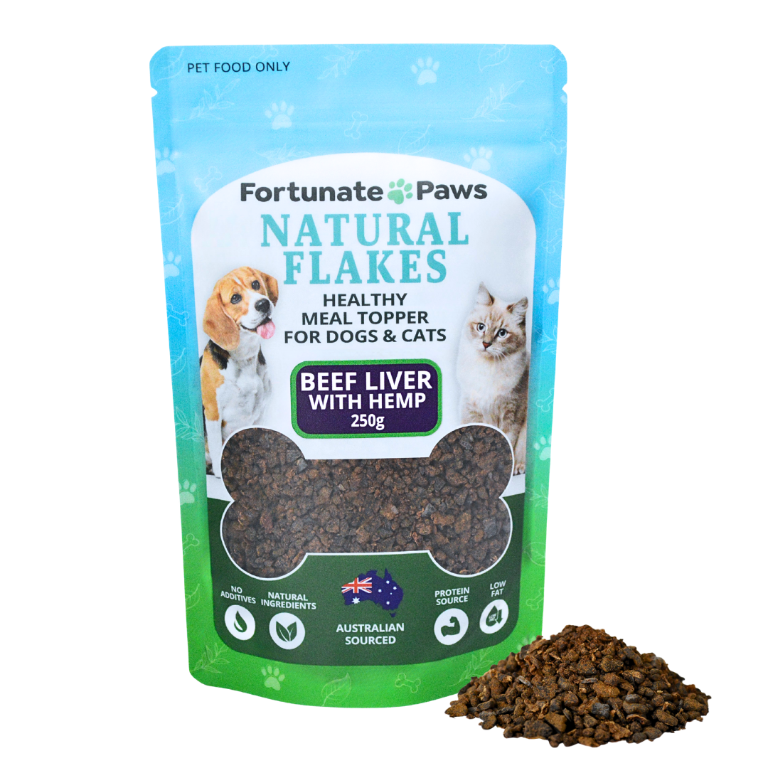 Pouch of FortunatePaws Natural Flakes meal topper with beef liver and hemp for dogs and cats, on a white background.