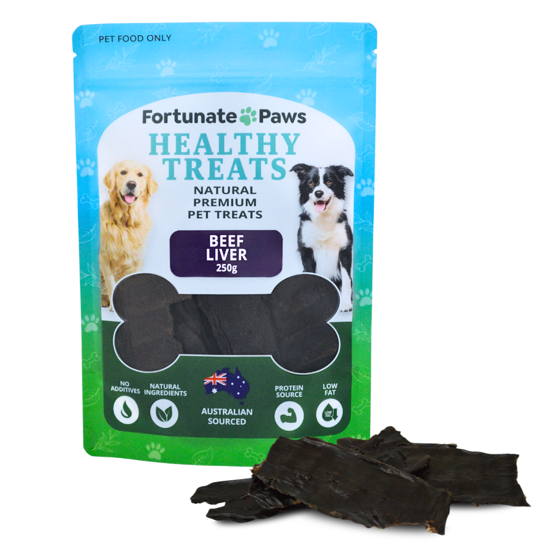 Fortunate Paws Healthy Pet Treats packaging with beef liver treats on a white background