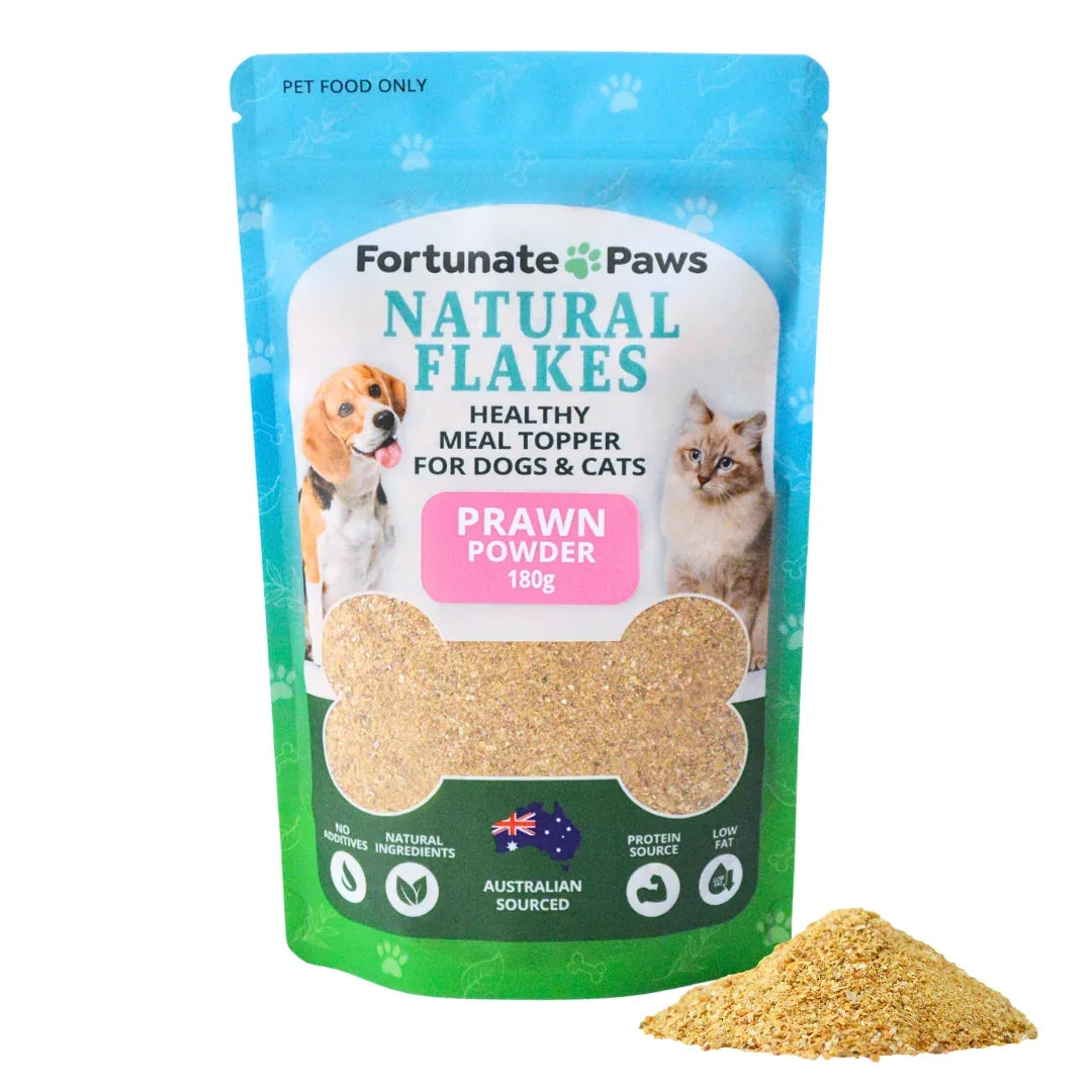 Fortunate Paws Natural Flakes package for dogs and cats with prawn powder on a white background