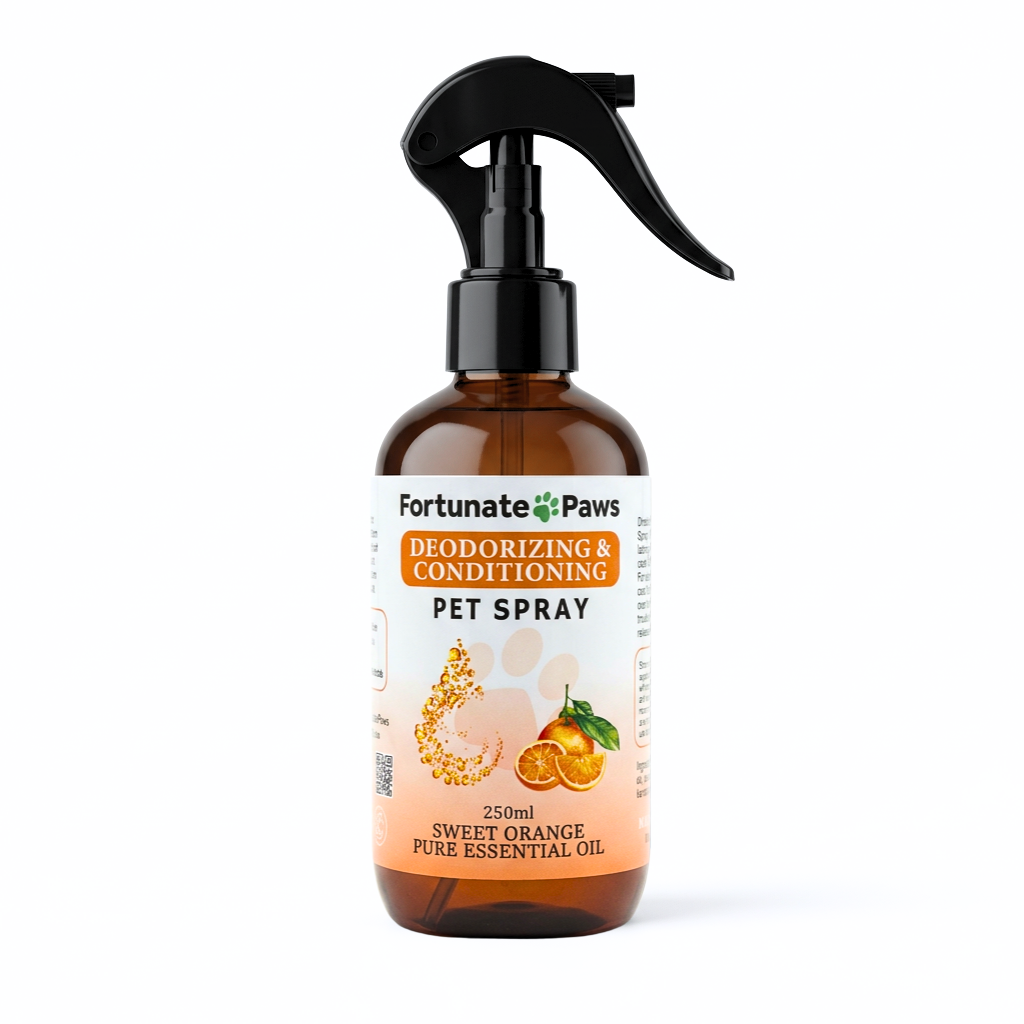 Fortunate Paws Sweet Orange pet spray bottle with a label on a white background