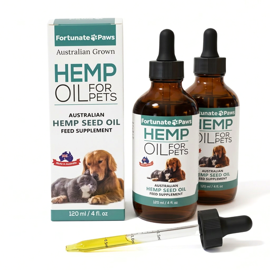 Fortunate Paws Hemp Oil for Pets 120ml packaging and 2 bottles on a white background