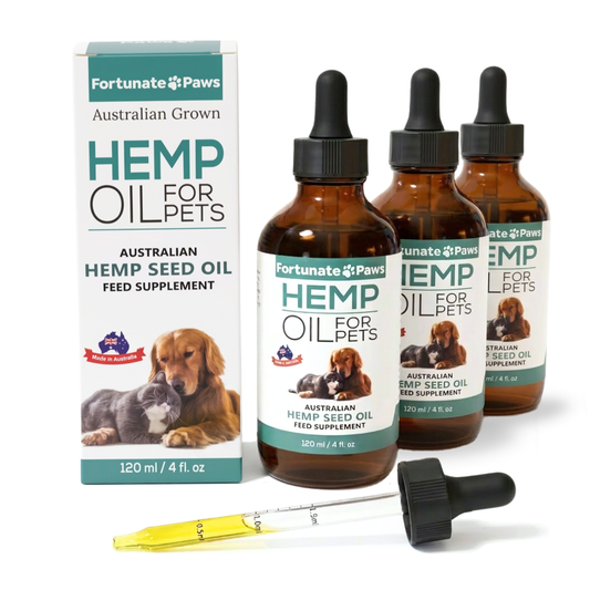 Fortunate Paws Hemp Oil for Pets packaging and three 120ml bottles on a white background