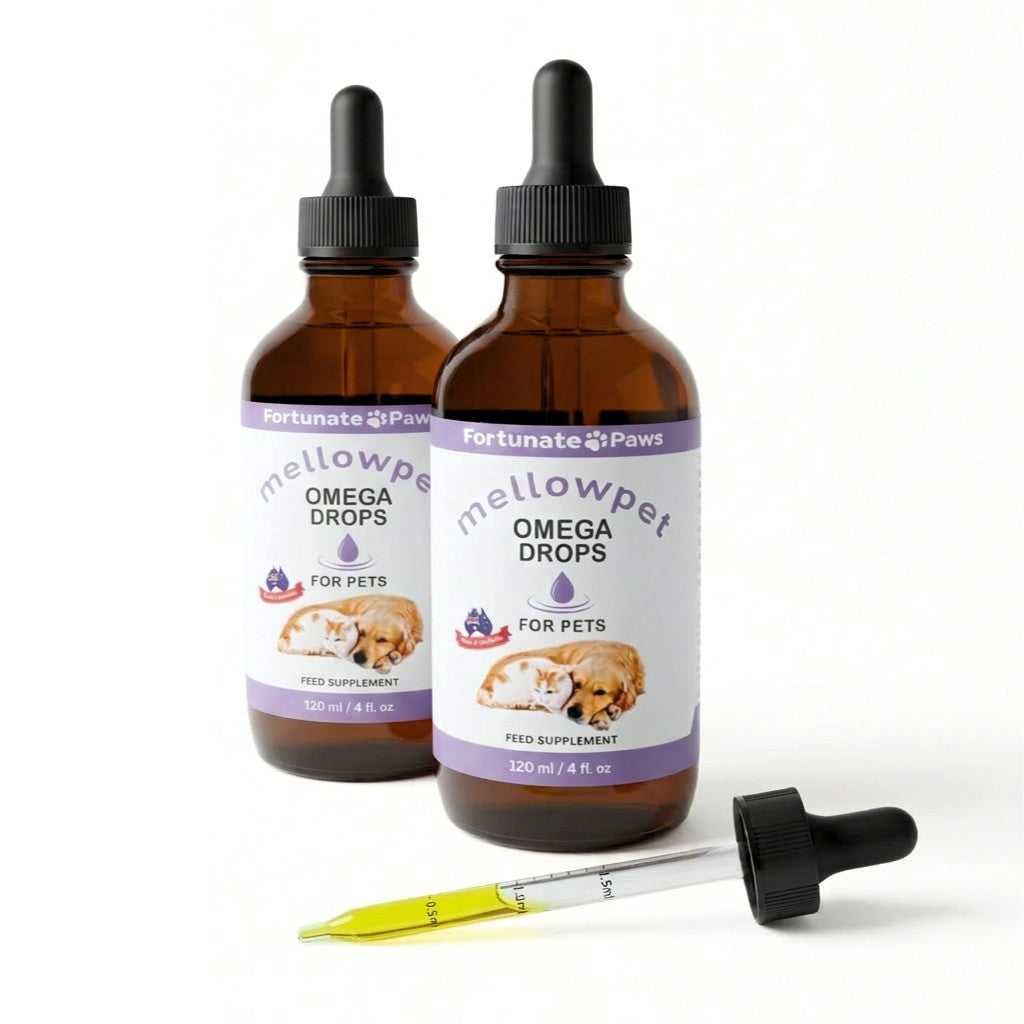 Two bottles of Mellowpet Omega Drops for pets on a white background