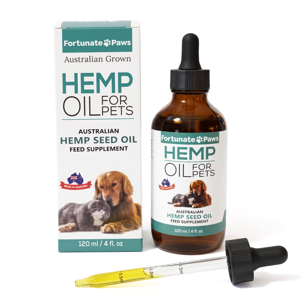 Fortunate Paws Hemp Oil for Pets with packaging and dropper on a white background