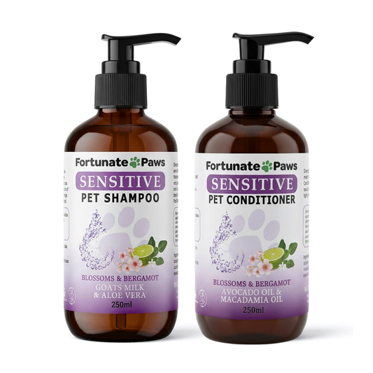 Two bottles of 250ml Fortunate Paws Sensitive Pet Shampoo and Conditioner on a white background