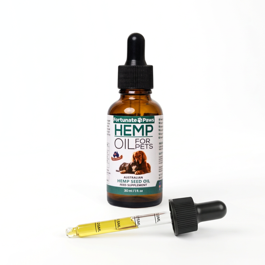 30ml Hemp oil bottle for pets with dropper on a white background