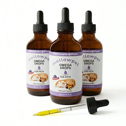 Three bottles of Mellowpet Omega Drops for pets on a white background