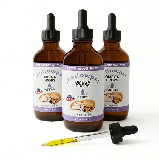 Three bottles of Mellowpet Omega Drops for pets on a white background