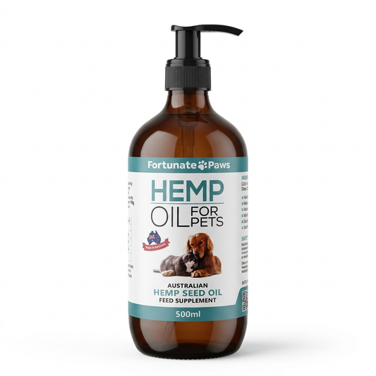 500ml amber pump Bottle of Fortunate Paws Hemp Oil for Pets on a white background