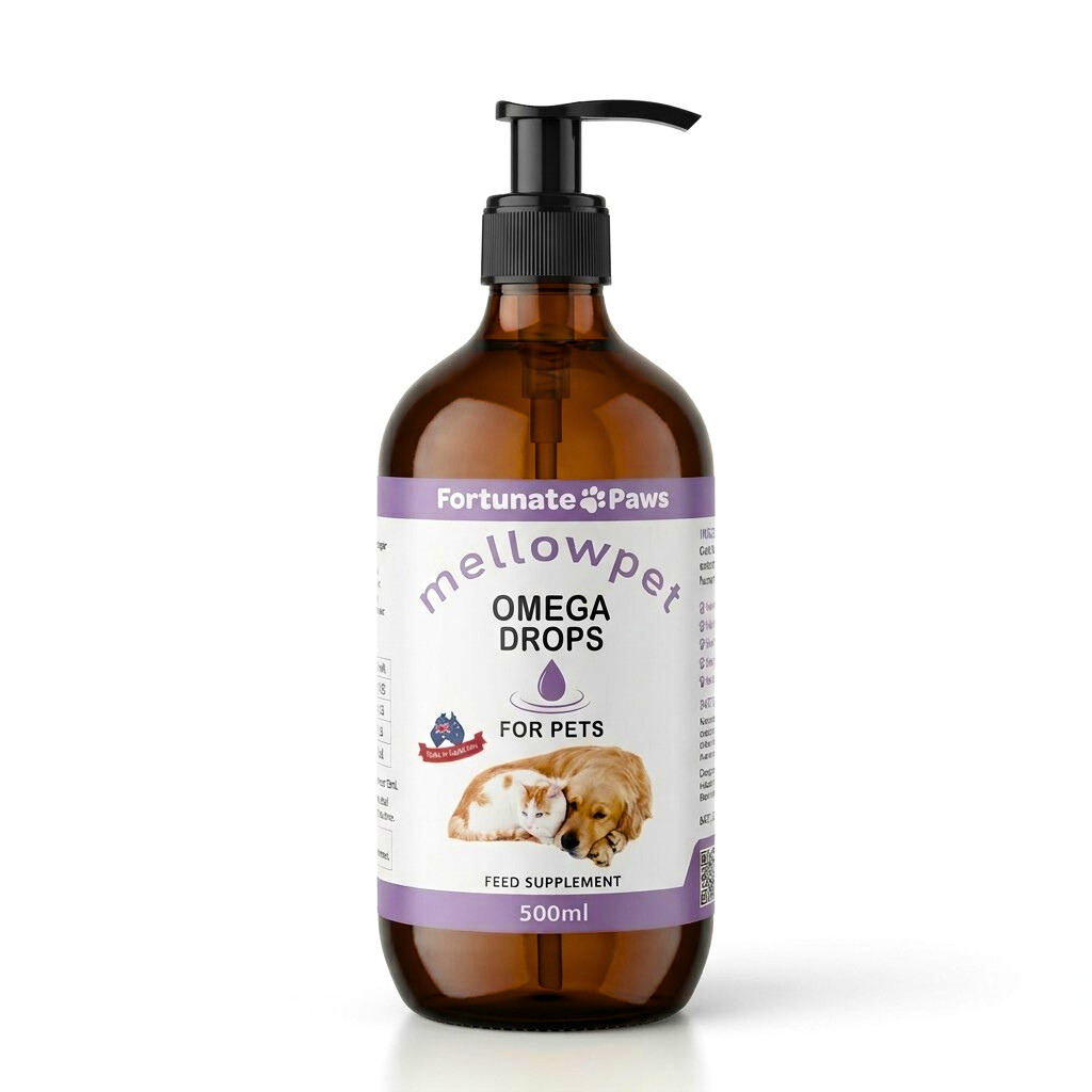Amber pump bottle of 500ml Mellowpet Omega Drops for pets on a white background