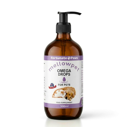 Amber pump bottle of 500ml Mellowpet Omega Drops for pets on a white background