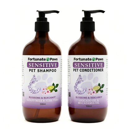 Two bottles of 500ml Fortunate Paws Sensitive Pet Shampoo and Conditioner on a white background