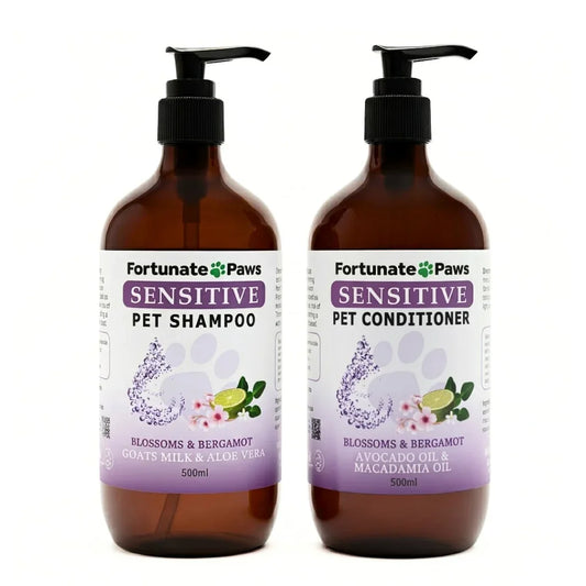 Two bottles of 500ml Fortunate Paws Sensitive Pet Shampoo and Conditioner on a white background