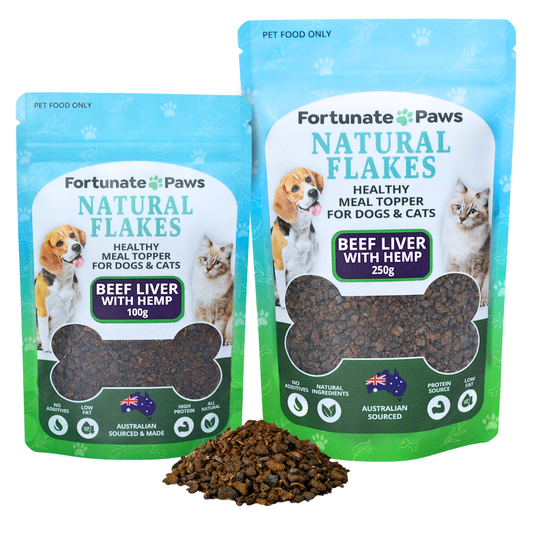 Two Bags of FortunatePaws Natural Flakes with beef liver for dogs and cats, on a white background.
