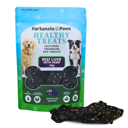 FortunatePaws healthy pet treats packaging with beef liver and hemp ingredients on a white background