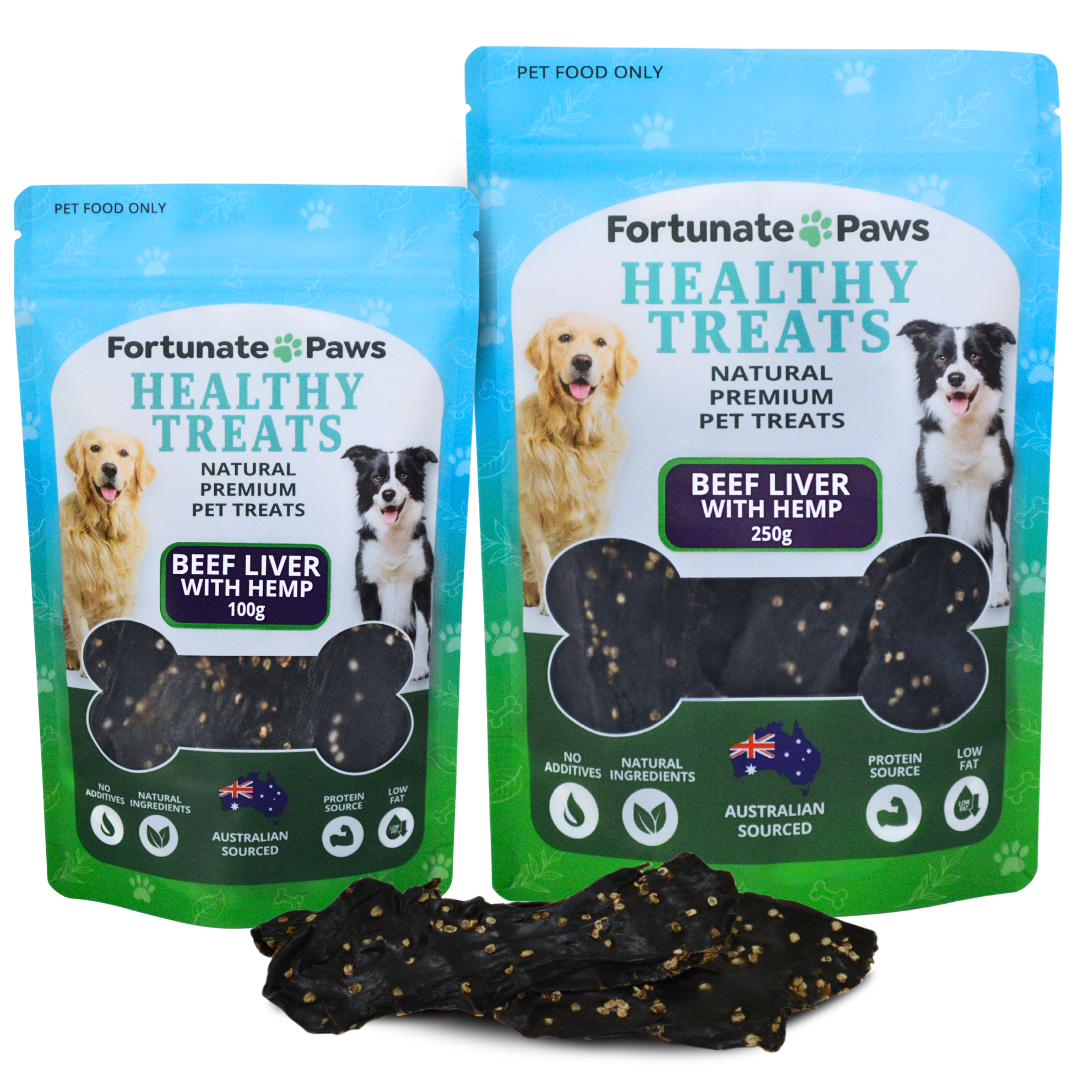 Two packages of FortunatePaws healthy pet treats with beef liver and hemp ingredients on a white background.