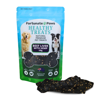 FortunatePaws healthy dog treats packaging with beef liver and hemp ingredients on a white background