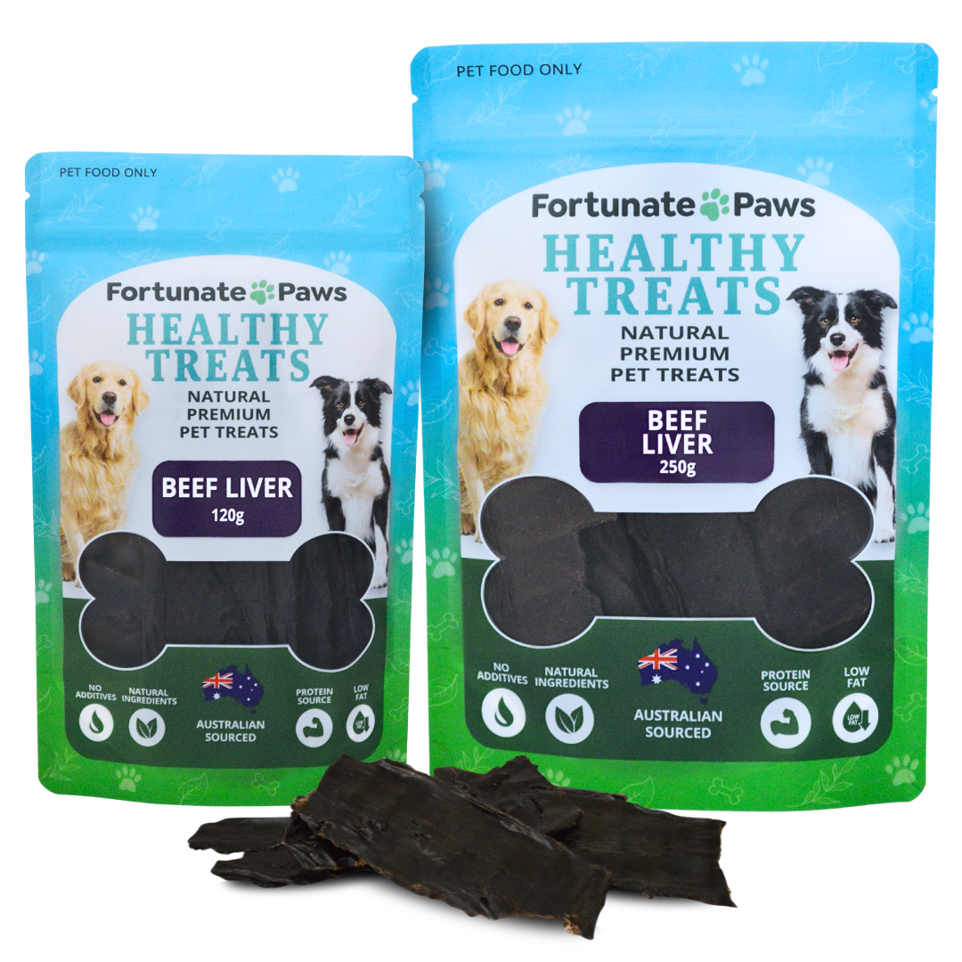 Two packages of Fortunate Paws healthy pet treats with beef liver visible on a white background