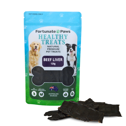 Fortunate Paws Healthy Treats packaging with beef liver treats on a white background