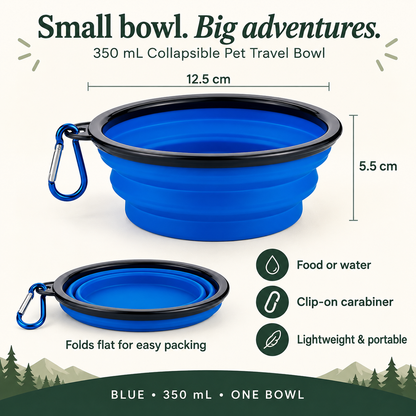 Blue collapsible travel bowl shown expanded and folded flat, with 350mL capacity and product dimensions.