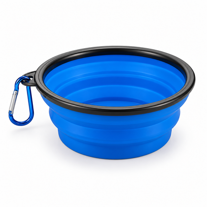 Blue 350 mL collapsible pet travel bowl with a black rim and clip-on carabiner, fully expanded on a white background.
