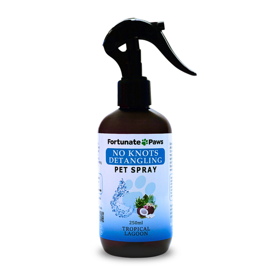 Fortunate Paws no knots detangling pet spray bottle on a white background