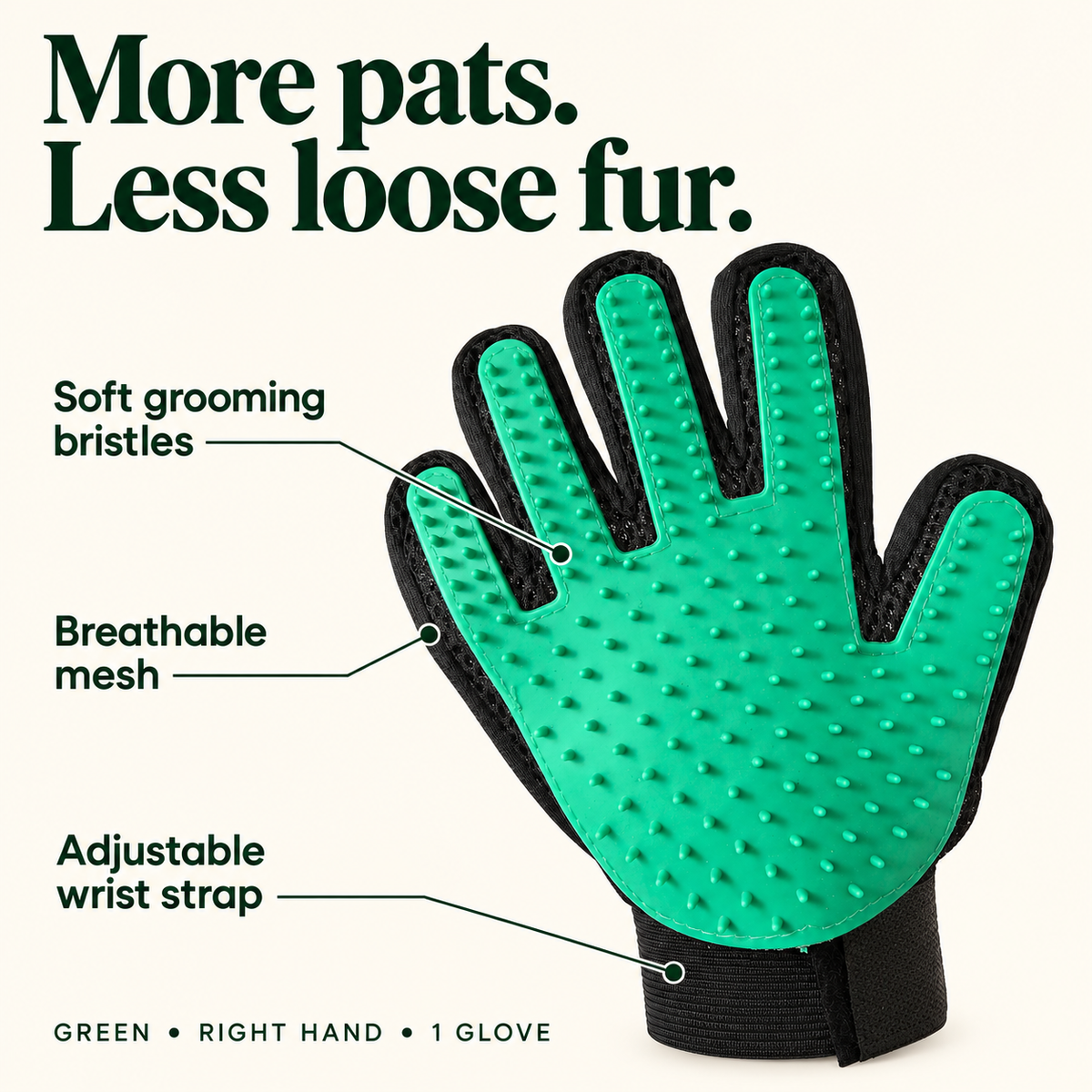 Green pet grooming glove showing soft grooming bristles, breathable mesh and an adjustable wrist strap.