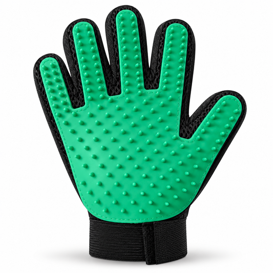 Green right-hand pet grooming glove with textured bristles and adjustable wrist strap on a white background.