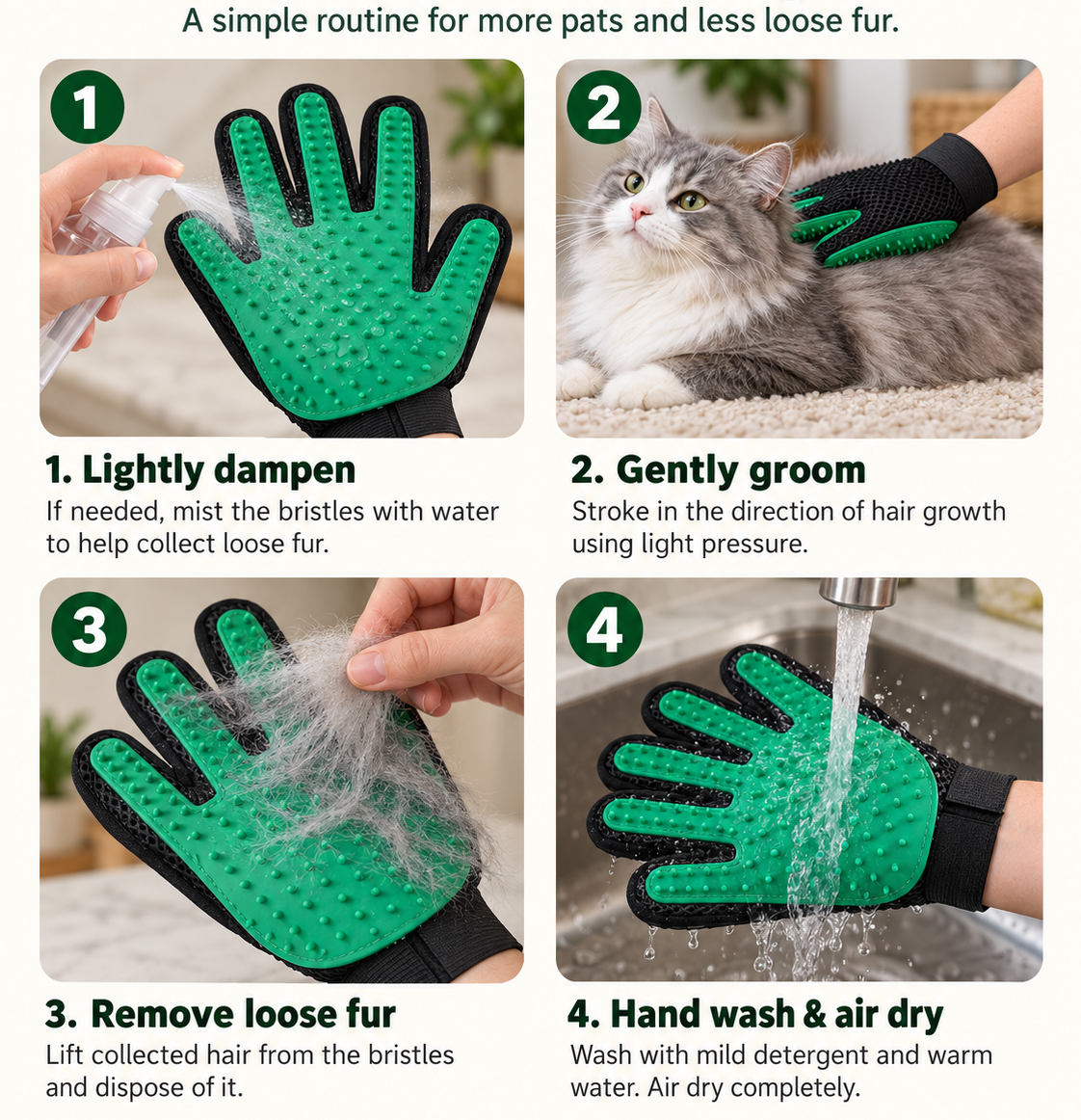 An infographic showing how to use the grooming glove.