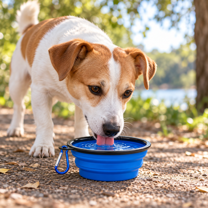 A lifestyle image of a Jack Russell enjoying a water break and drinking from a blue bowl