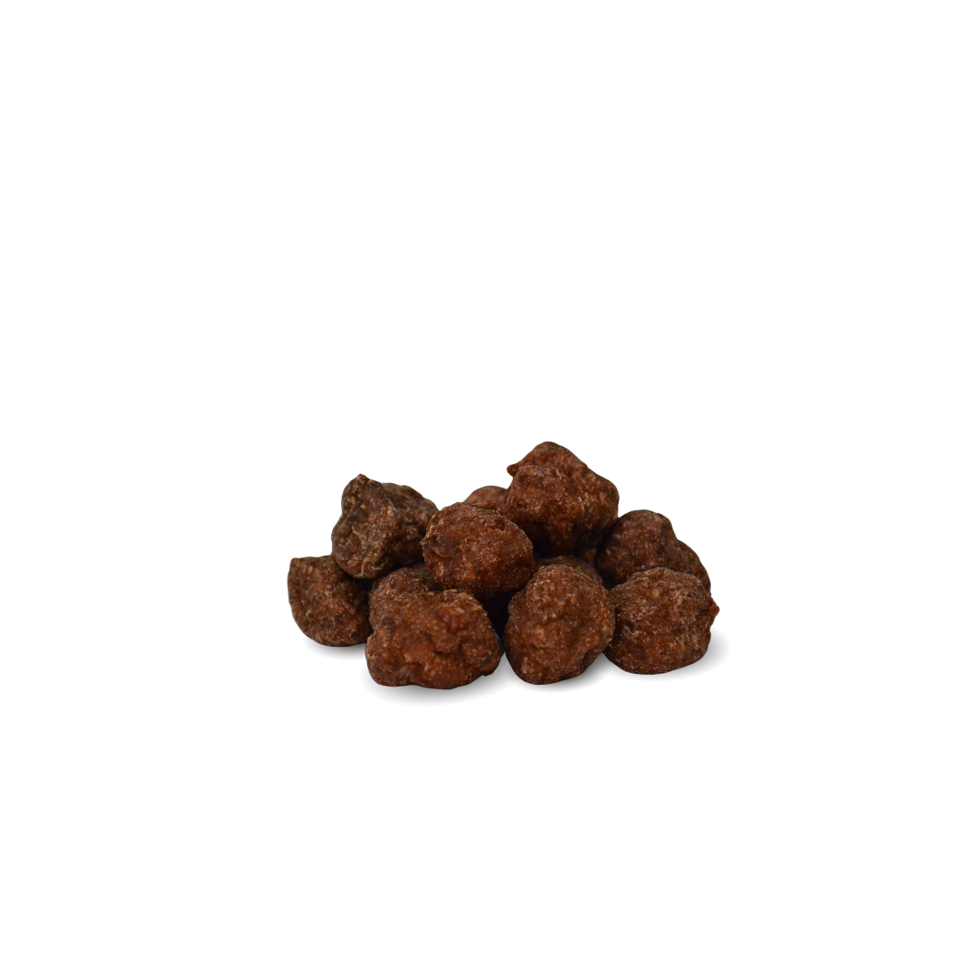 Brown Kangaroo dog food training treat pellets on a white background