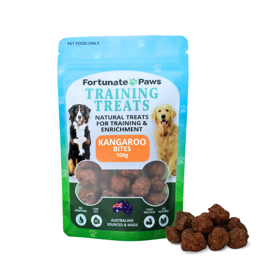 Fortunate Paws Training Treats packaging with kangaroo bites on a white background