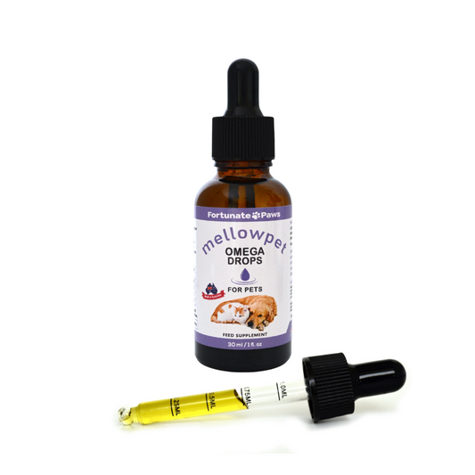 A glass amber bottle of MellowPet Omega Drops with a dropper beside it, indicating a calming supplement for pets.