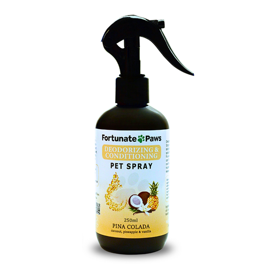 Fortunate Paws pet spray bottle with Pina Colada flavor on a white background
