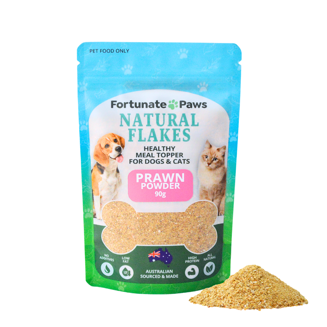 Fortunate Paws Natural Flakes pet food package with prawn powder on a white background