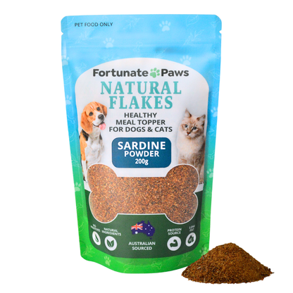 Fortunate Paws Natural Flakes Sardine Powder package with a small pile of powder on a white background