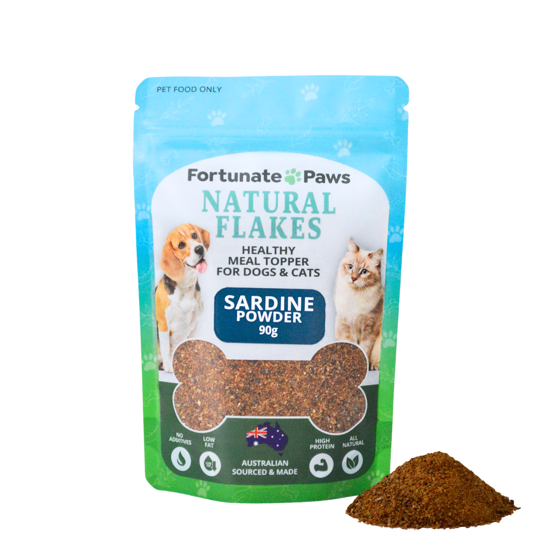 Fortunate Paws Natural Flakes Sardine Powder package for dogs and cats on a white background