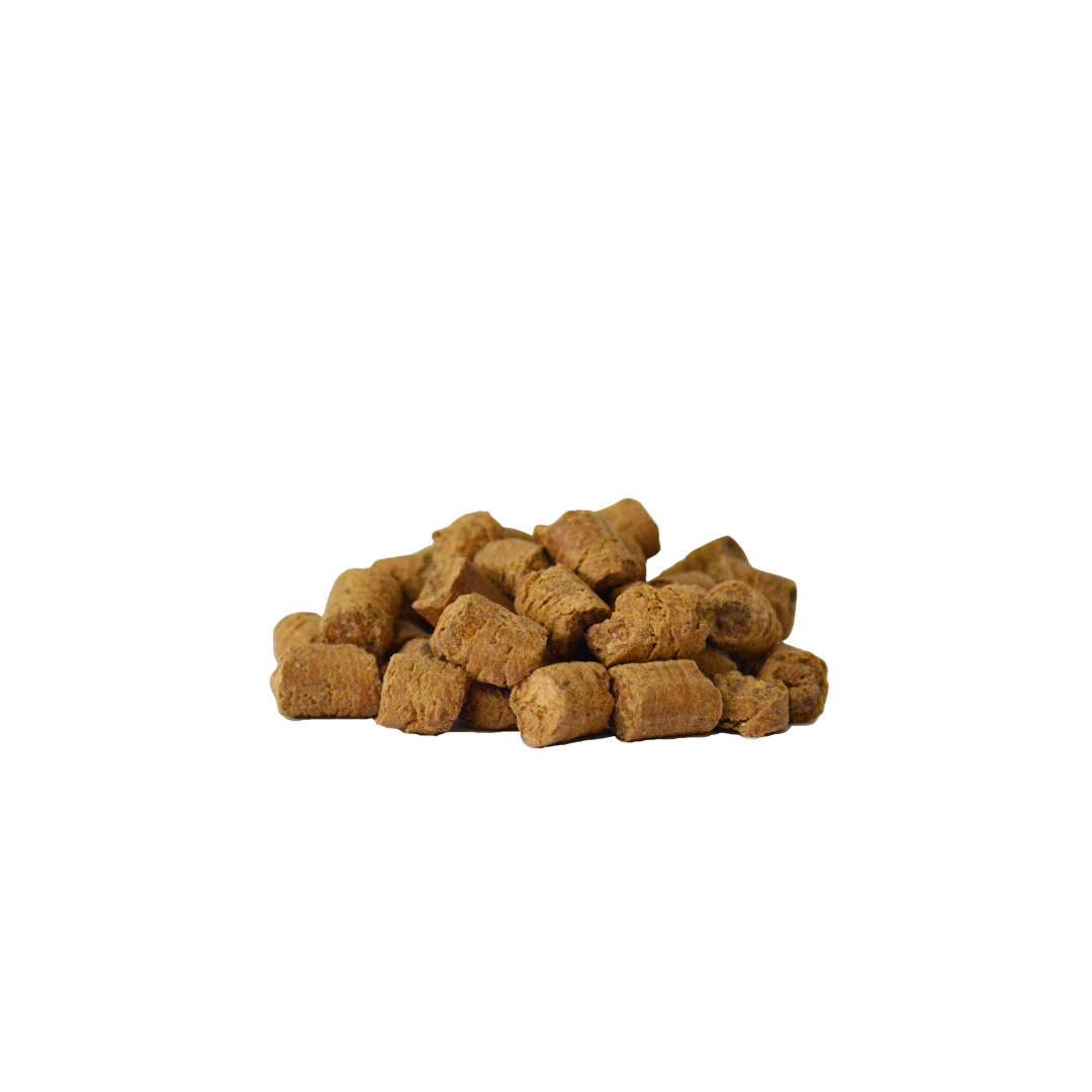 Pile of brown sardine training treat pellets on a white background
