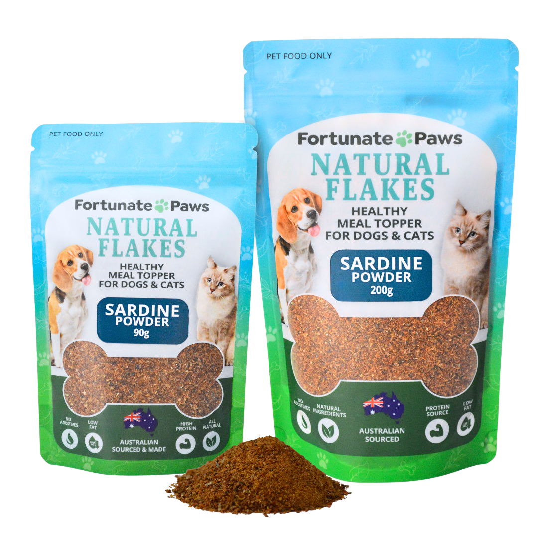 Two packages of Fortunate Paws Natural Flakes Sardine Powder for dogs and cats on a white background.
