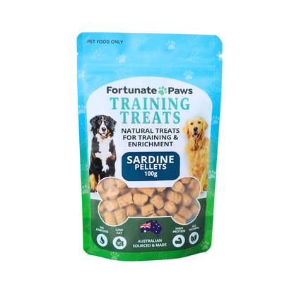 Fortunate Paws Training Treats packaging with images of dogs and text on a white background