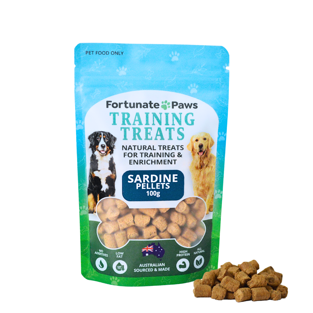 Fortunate Paws Training Treats package with sardine pellets on a white background