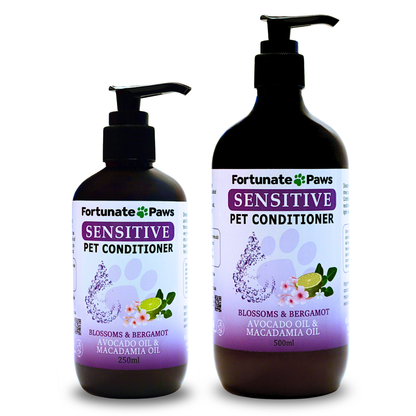 Two bottles of Fortunate Paws Sensitive Pet Conditioner on a white background
