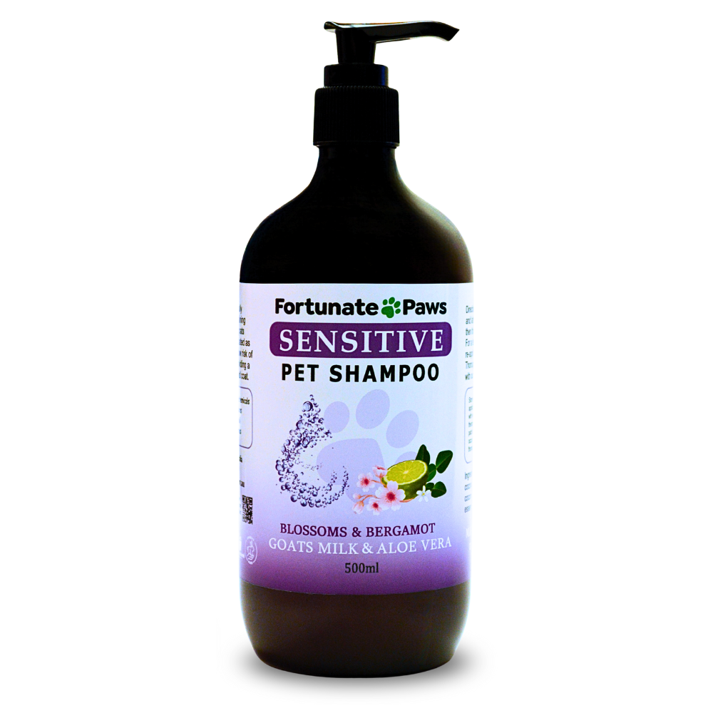 Bottle of Fortunate Paws Sensitive Pet Shampoo on a white background