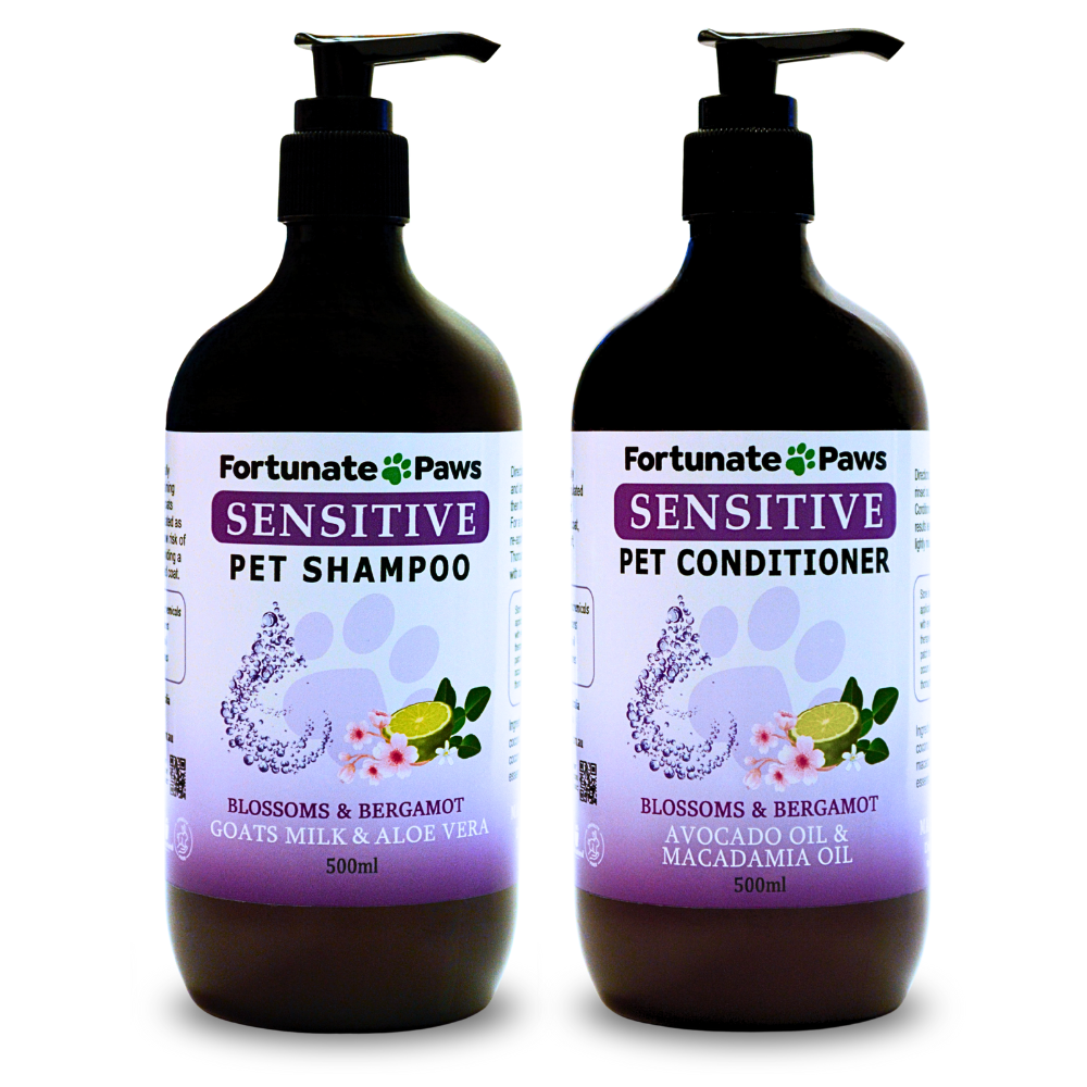 Two bottles of Fortunate Paws Sensitive Pet Shampoo and Conditioner on a white background
