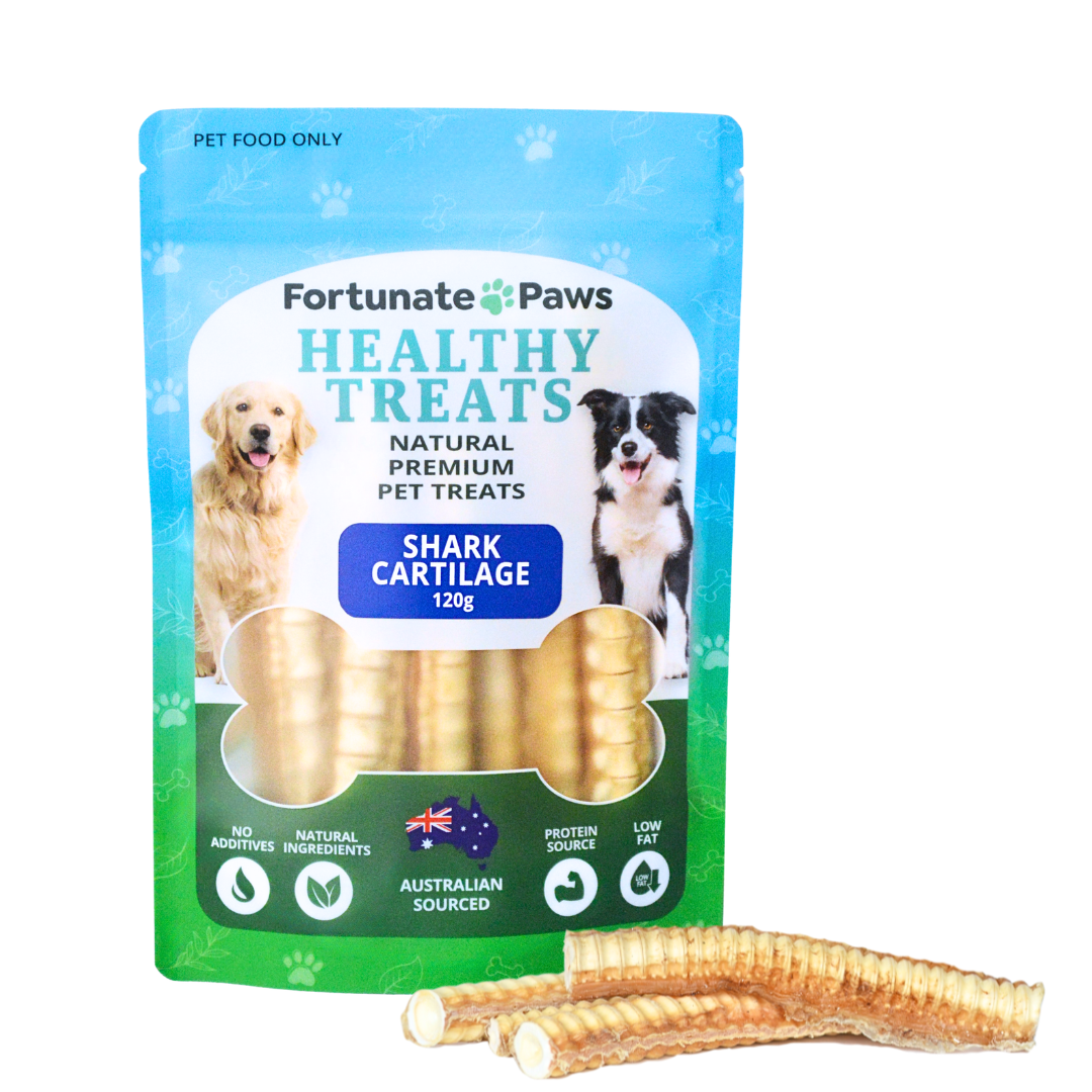 Fortunate Paws healthy treats packaging with shark cartilage for dogs on a white background