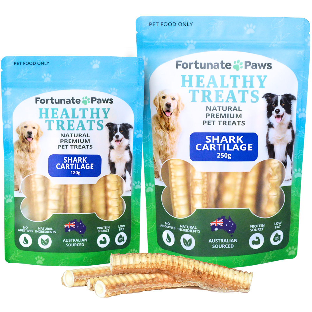Two packages of Fortunate Paws healthy treats with shark cartilage on a white background