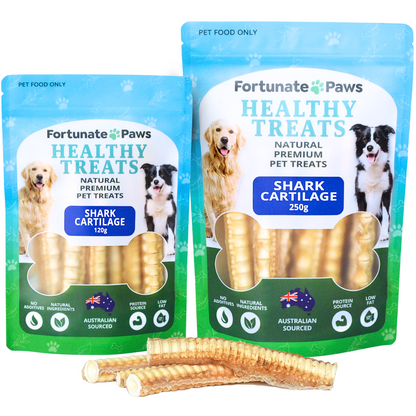 Two packages of Fortunate Paws healthy treats with shark cartilage on a white background