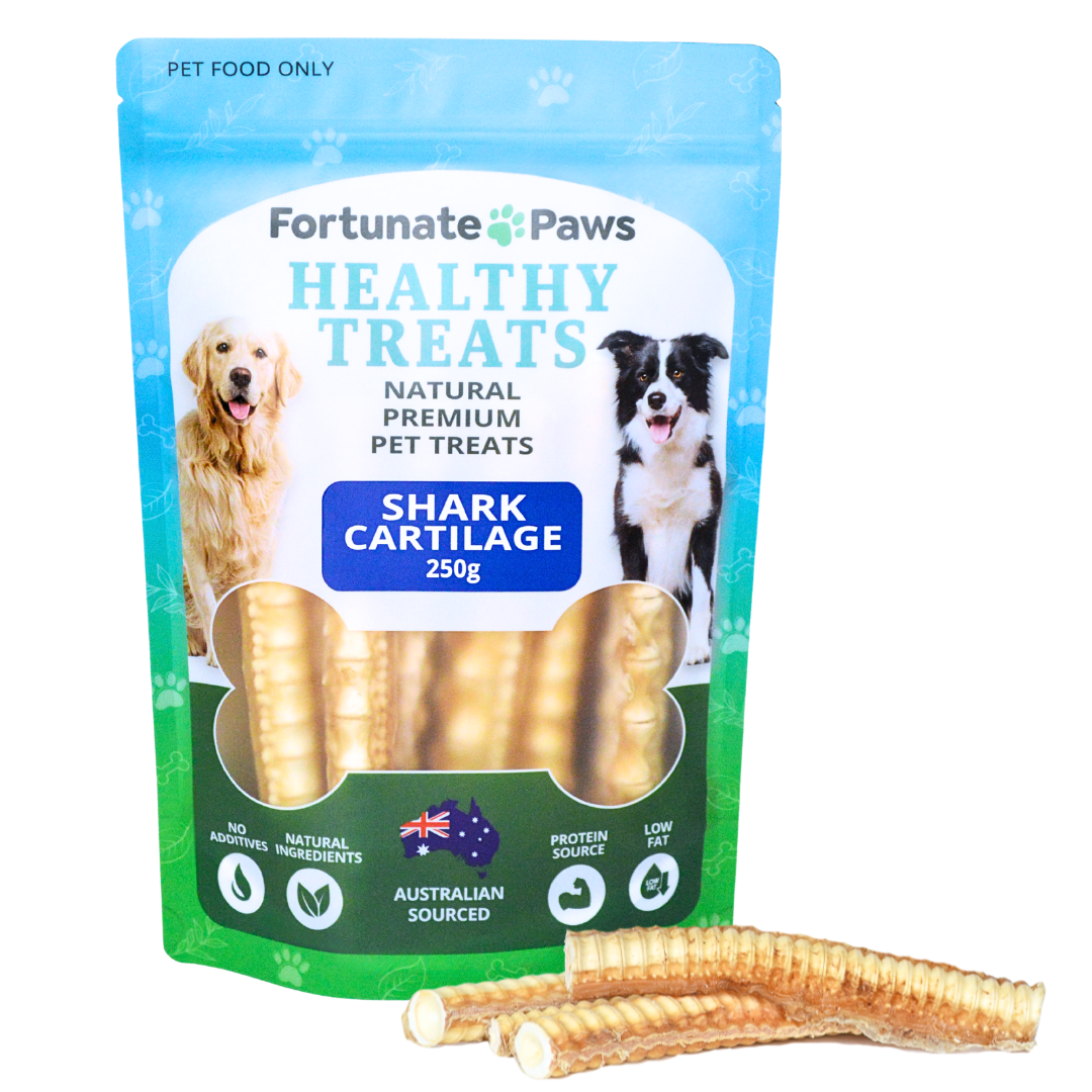 Fortunate Paws healthy treats packaging with shark cartilage for dogs on a white background